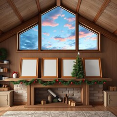  Create a cozy realistic christmas interior scene featuring four blank thin oak picture frames 15x21 inches prominently displayed on a mantelpiece christmas tree holiday winter festive celebration   