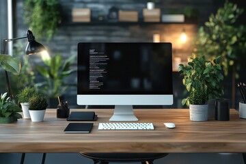 Modern Home Office Workspace with Desk, Computer, and Plants - Minimalist Design Ideas