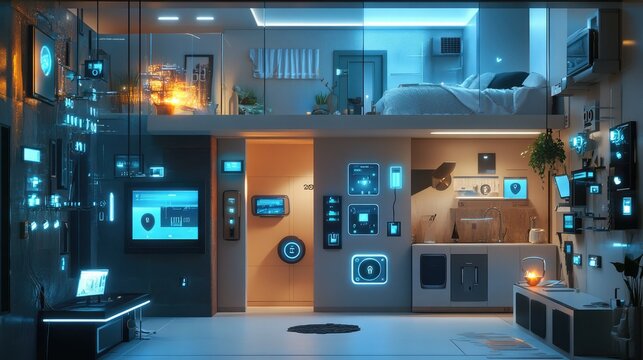 A fully automated smart home security system with multiple interconnected devices, including AI-powered cameras, motion sensors, and smart locks. 