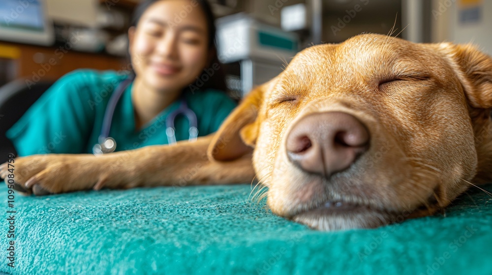 Poster Calm dog resting on the examination table with a smiling vet in the background creating a comforting image Stock Photo with side copy space