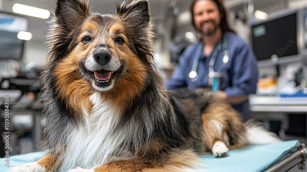 Poster Calm dog resting on the examination table with a smiling vet in the background creating a comforting image Stock Photo with side copy space