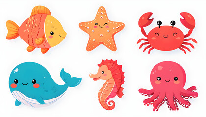 Cheerful Fish, Happy Starfish, Winking Crab, Cute Whale, Smiling Seahorse, Playful Octopus