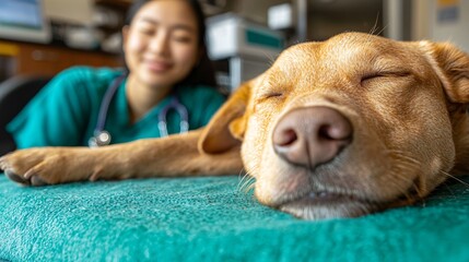 Calm dog resting on the examination table with a smiling vet in the background creating a comforting image Stock Photo with side copy space