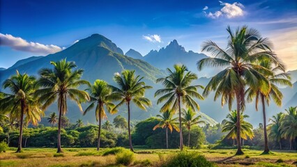 Serene Minimalist Landscape Featuring Majestic Mountains and Lush Palm Trees Under a Clear Blue Sky for Tranquil Nature Photography