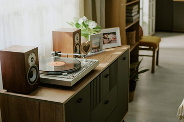 Turntable set on wooden cabinet beside photo frames and potted plants with sunlight streaming...