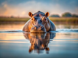 Obraz premium Serene Minimalist Photography of a Hippopotamus in Tranquil Waters with Soft Natural Lighting and a Calm Reflection, Emphasizing the Beauty of Nature's Simplicity