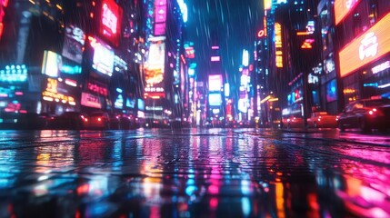 Fototapeta premium Neon City Lights Reflecting on Wet Pavement After Rain