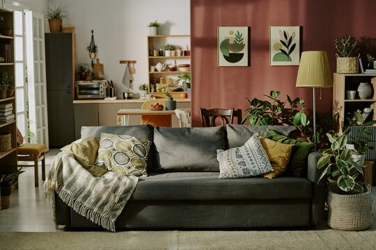 Comfortable living room featuring a plush gray couch with patterned cushions, surrounded by various plants creating a calm atmosphere. Wooden shelves and furniture add natural charm