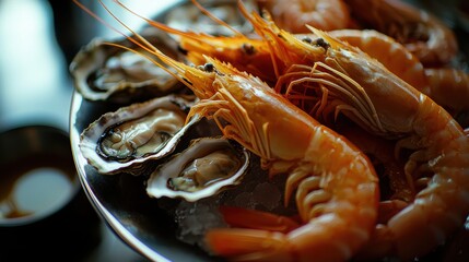 Fresh Seafood Platter Featuring Succulent Shrimp and Juicy Oysters Arranged on a Stylish Silver Plate with Ice for a Gourmet Dining Experience