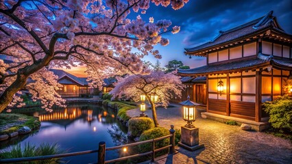 Obraz premium Serene Night Photography of Japanese Art and Architecture Illuminated by Soft Lantern Light, Capturing the Beauty of Traditional Aesthetics and Cultural Heritage at Night