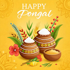 Fototapeta premium A vibrant yellow background for Happy Pongal festival captures traditional elements like kolams