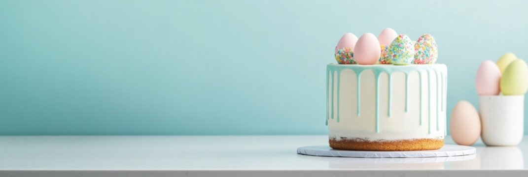 spring baking trends, contemporary kitchen counter with easter cake, light pastels, and spring decor ideal for text insertion