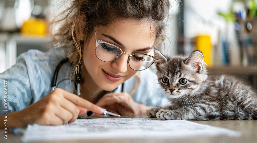 Poster veterinarian pointing to a chart while explaining a treatment plan with the pet nearby stock photo w
