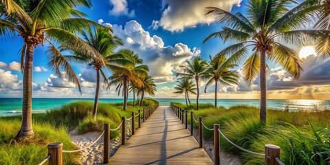 Obraz premium Serene Pathway to Miami Beach: A Tranquil Journey Through Lush Palm Trees and Soft Sand Leading to Crystal-Clear Waters Under a Bright Blue Sky