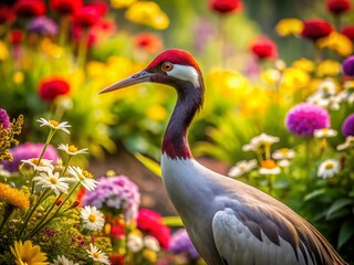 Naklejka premium Serene Portrait of a Crane Surrounded by Lush, Colorful Flowers in a Tranquil Natural Setting, Highlighting the Beauty of Wildlife and Flora in Harmony