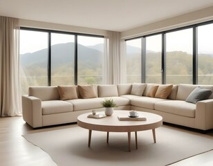 Fototapeta premium Empty coffee table with montage space near beige sofa and panoramic window in living room