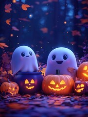 Cute ghosts celebrating halloween with illuminated pumpkins and cauldron in enchanted forest
