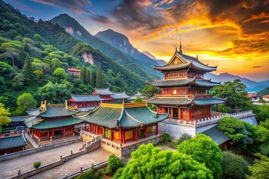 Serene Shaolin Temple Architecture Reflecting Ancient Wisdom Amidst Majestic Mountains and Lush Greenery &ndash; A Tranquil Retreat for Mindfulness and Meditation Practices