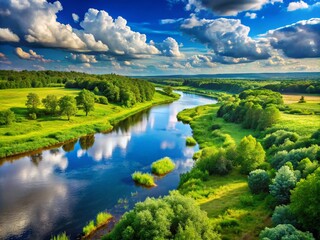 Fototapeta premium Serene Summer Landscape Featuring a River in Russia, Lush Greenery, Clear Blue Skies, and Tranquil Nature in a Picturesque Natural Setting Perfect for Scenic Views