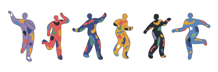 Set of abstract dancing people. Minimalistic modern design of various bright colors of figure silhouettes. Trendy doodle abstract symbols of carnival, party, festival. All objects are isolated