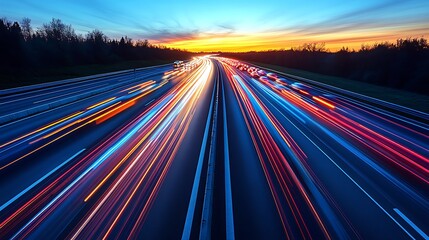 Night highway traffic light trails at sunset.