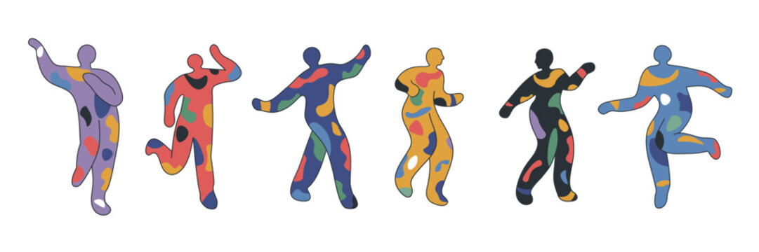 Set of abstract dancing people. Minimalistic modern design of various bright colors of figure silhouettes. Trendy doodle abstract symbols of carnival, party, festival. All objects are isolated