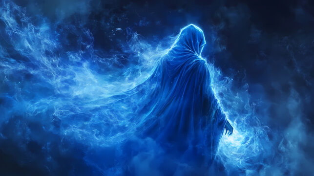 Morpheus cloaked in deep blue robes, his eyes glowing with sapphire light as he shapes dreams from the night sky. Cerulean Sky Dreams. Illustration