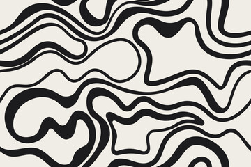 Black wavy lines on a light background. Seamless pattern abstract trendy psychedelic background in flat style. The optical effect of the illusion of the movement of waves, vortices. Vector texture