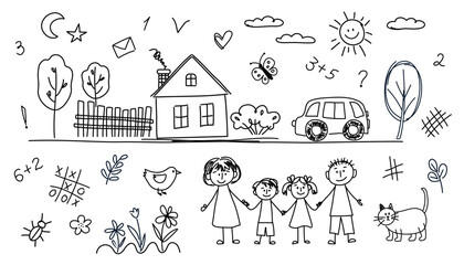 Children's drawings. Family and home. Design elements for banners, wallpapers, products for children. Drawing for kindergarten. Children's doodles on a white background