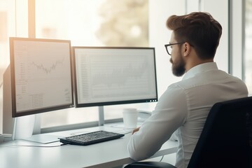 Man sitting at desk in office, working on computer. Two monitors displaying data and graphs