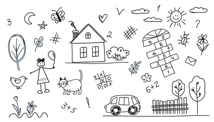 Children's drawings. Elements for the design of banners, wallpapers, products for children. Drawing for kindergarten. Kids doodle set on white background