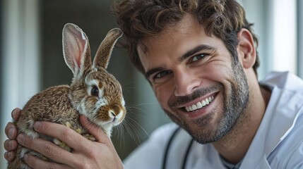 Veterinarian holding a rabbit while explaining a care plan to a smiling pet owner Stock Photo with side copy space