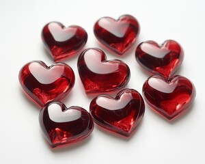 Fototapeta premium Valentine's Day Hearts: Adorable Anime Style Red Glass Hearts on White Background