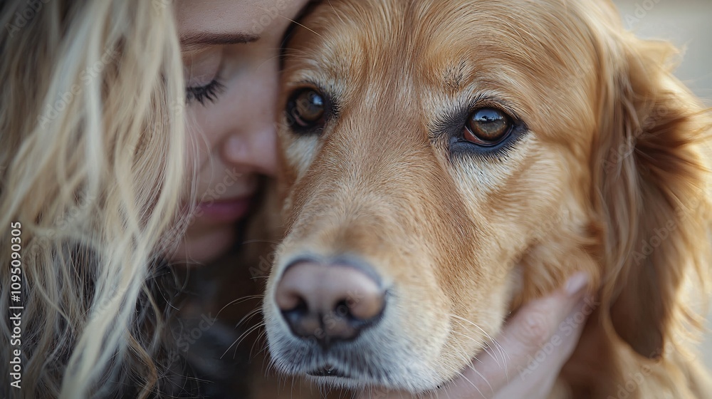 Aufkleber veterinarian looking into a dog's eyes while comforting it during a routine exam stock photo with si