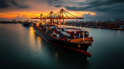Obraz premium Modern Container Ship Docking at Sunset