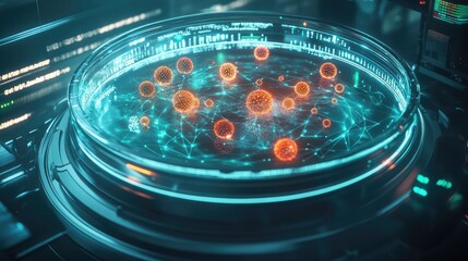 A futuristic bioreactor filled with glowing, bioengineered cells that replicate rapidly in a controlled environment. Data streams flow around the bioreactor, tracking cell growth.
