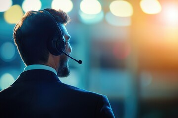 A person wearing a headset and microphone, likely preparing for a recording or presentation