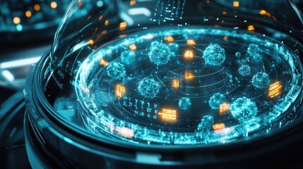 A futuristic bioreactor filled with glowing, bioengineered cells that replicate rapidly in a controlled environment. 