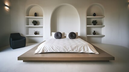 Curved Minimalist Bedroom with Built-In Shelves and Modern Design