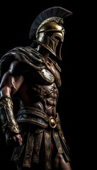 Obraz premium Powerful Spartan Warrior in Golden Armor with Dramatic Lighting on Black Background