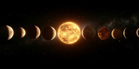 A breathtaking arrangement of celestial bodies orbits a radiant sun, highlighting the beauty and mystery of our solar system in deep space