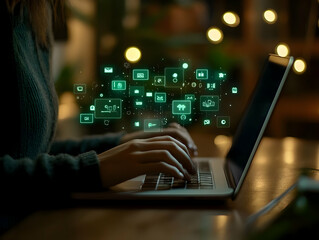 Photo Woman Typing on Laptop with Digital Interface Overlay