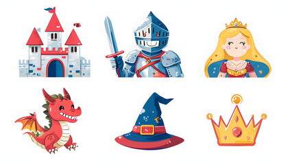 Fototapeta premium Happy Castle, Knight with a Grin, Smiling Princess, Playful Dragon, Cheerful Wizard Hat, Winking Crown