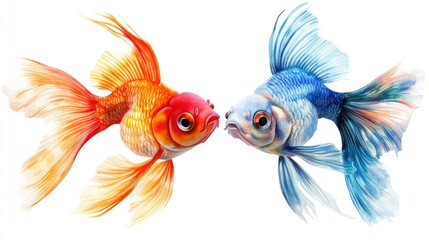 Fototapeta premium Vibrant Goldfish Engaged in a Playful Interaction, Showcasing Stunning Colors and Intricate Fin Details in a Dramatic Underwater Scene of Harmony and Beauty