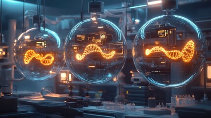 A futuristic biotechnology lab where glowing DNA strands float within suspended holographic bubbles. Each bubble contains a genetically modified organism.