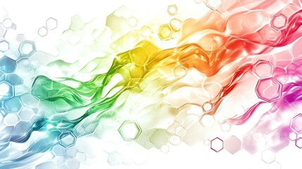 Abstract rainbow wave design with hexagons on white background.