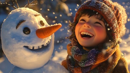 A cheerful child laughing next to a snowman, snowflakes sparkling on their flushed face, vibrant colors in the child’s scarf and hat contrasting against the snowy background,