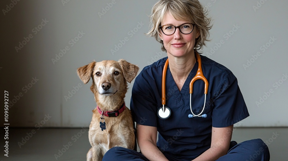 Poster veterinarian seated on the floor with a happy dog beside them creating a calm bond stock photo with 