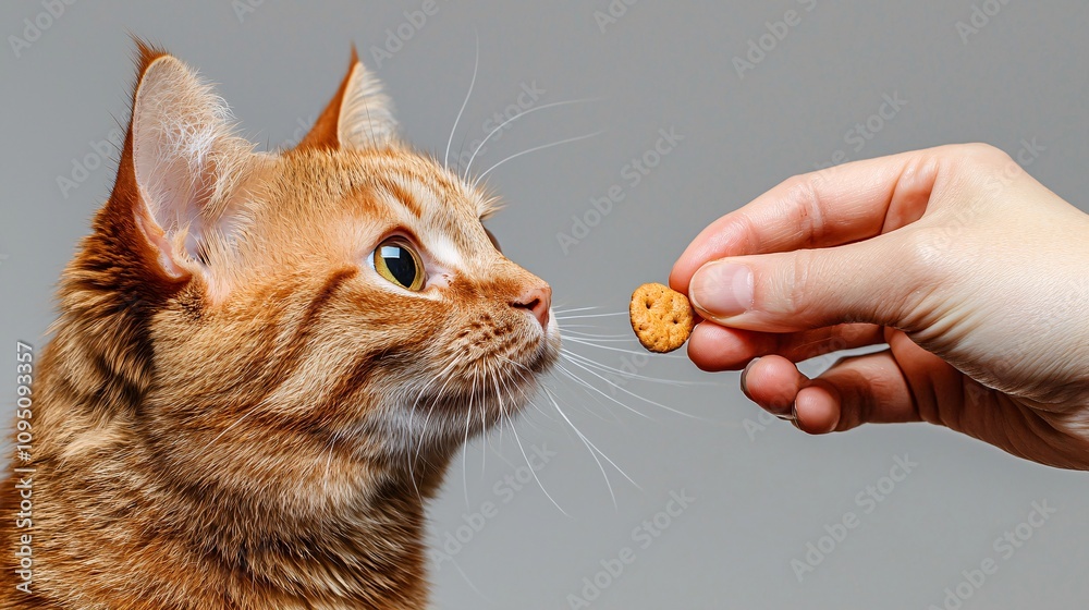 Poster Veterinarian offering treats to a calm cat during a routine checkup to build trust Stock Photo with side copy space