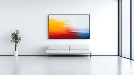 Fototapeta premium A large, minimalist living space with white walls, clean lines, and a single vibrant painting hanging on the wall, providing a striking contrast with the rest of the room. Ultra-Realistic, Photo 